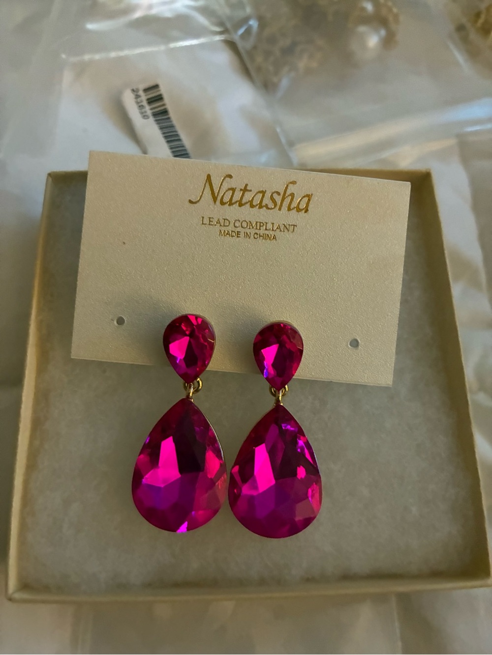 Natasha Couture Hot Pink Teardrop Crystal Drop Earrings